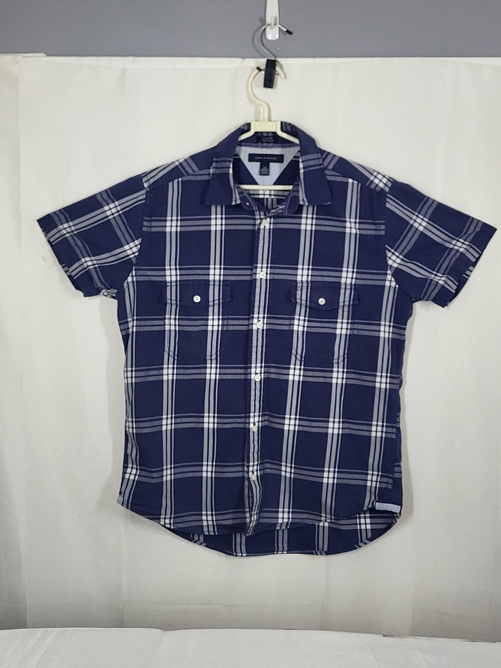 Tommy Hilfiger Navy and White Plaid Short-Sleeve Button-Down Shirt